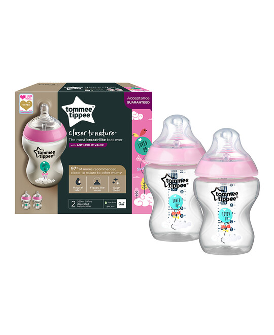 Tommee Tippee Closer to Nature 2x260ml Easi-Vent™ BPA free Decorative Feeding Bottles - Pink image number 2